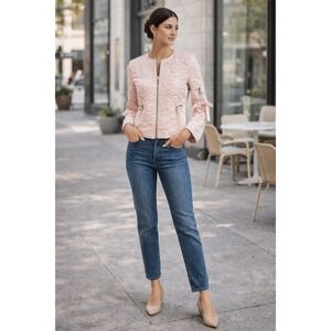 Guess Pink Quilted Satin Bomber Jacket S Zip Front Ribbon Sleeve Lightweight